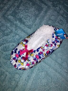Disney Minnie Mouse Plush Lined Slippers - White with Pink Bow S/M 5.5-7.5 New
